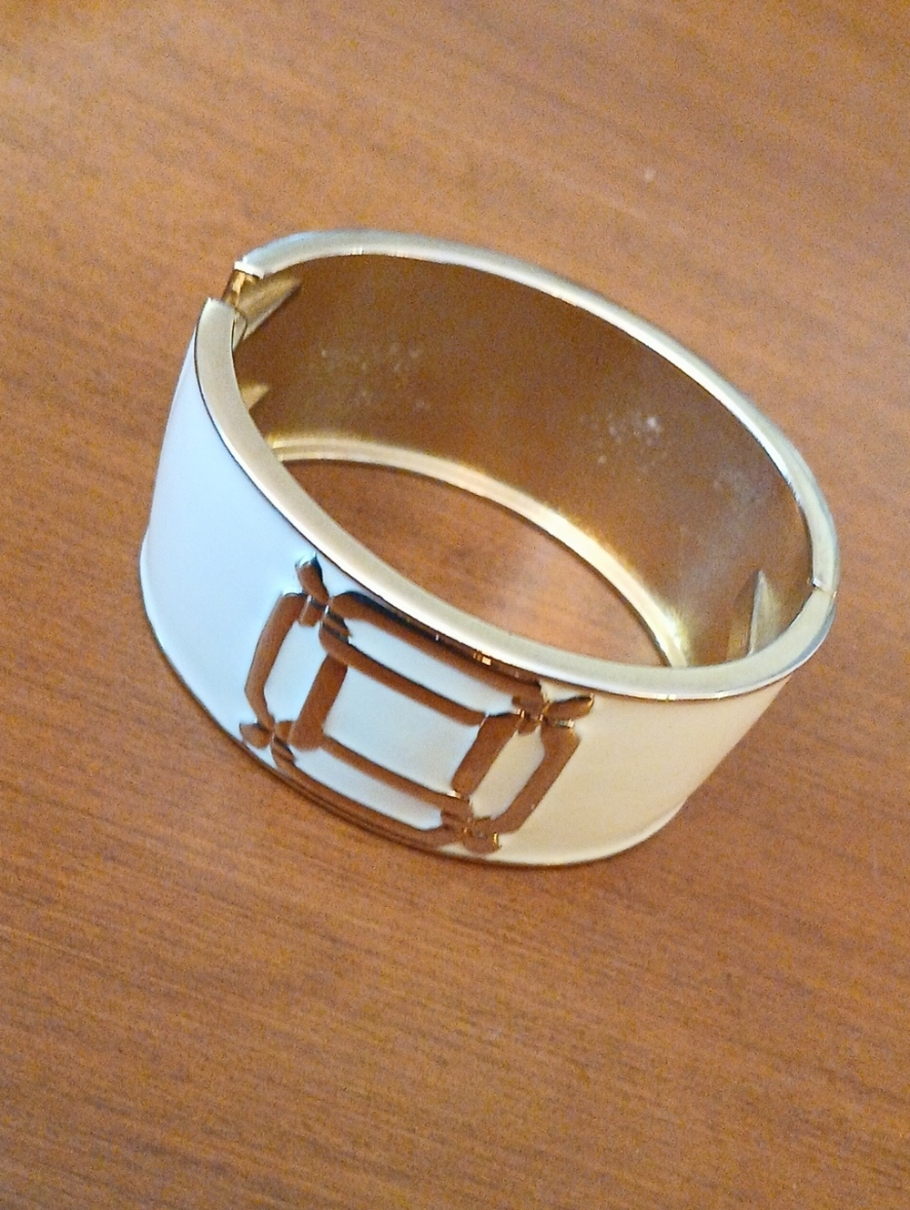 White Enamel Hinged Cuff Bracelet with Gold Geometric Accent